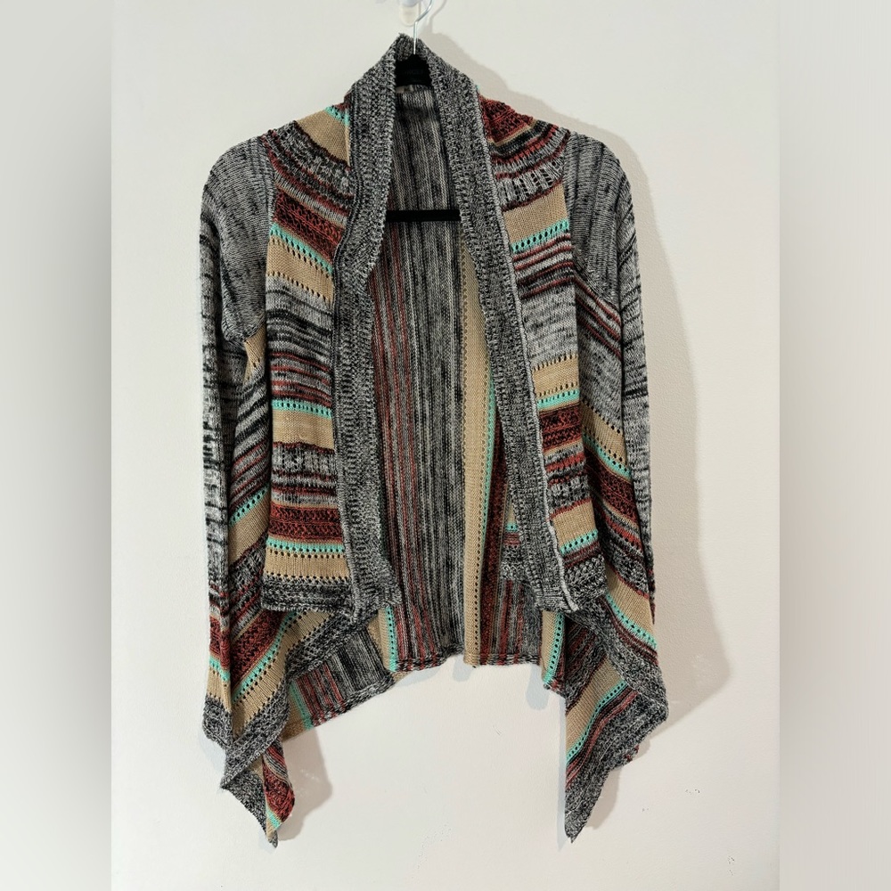 Eyeshadow Medium Open Front Sweater Multi-Colored Stripes Long Sleeve Casual